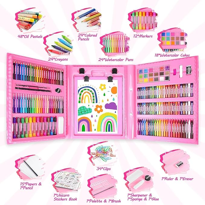 Art Supplies, Art Kits Arts and Crafts for Kids Age 4-6 6-8 8-12 with Trifold Easel,Includes Sketch Pads,Oil Pastels,Crayons,Colored Pencils,Drawing Set for 3-12 Year Olds Girls Boys (Unicon-Pink)