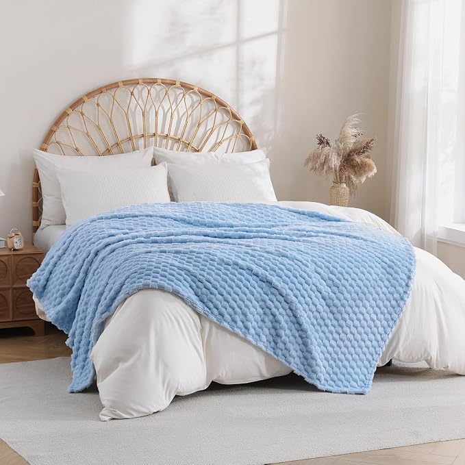 Light Blue Fleece Throw Blanket 60”×80” for Couch Sofa Bed Super Soft Cozy Plush Microfiber Flannel Blanket with 3D Jacquard Decorative Lightweight for Mom Woman