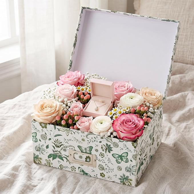 Briful Decorative Storage Boxes with Lids, 4 Pack Green Floral Cardboard Nesting Gifts Boxes with Metal Label Holders, Stackable Keepsake Photo Organizers for Home Closet Shelf Bedroom Office Decor
