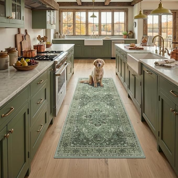 RELEANY Area Rugs Runner 2'x5' Washable Non-Slip, Floral Vintage Distress Medallion Carpet for Kitchen Hallway Bedroom Beside Laundry Room Bathroom, Dark Green Gray