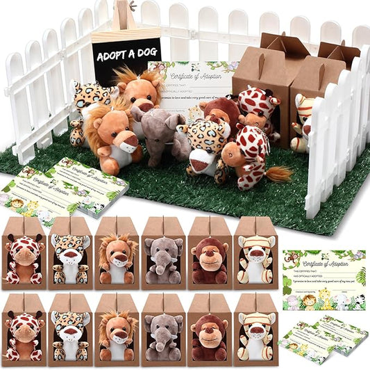 84 Pcs Adopt a Pet Party Favors 24 Mini Plush Stuffed Animals 10 White Plastic Fence 24 Paper Gift Boxes 24 Adoption Cards with Mini Chalkboard and Artificial Lawn(Safari Animals)
