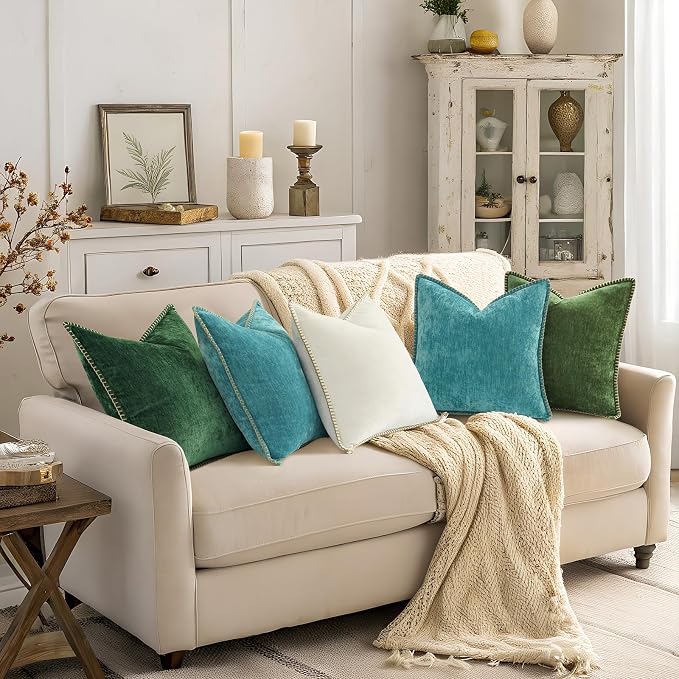 decorUhome Soft Chenille Throw Pillow Covers 12x20 Set of 2 Turquoise | Fall Textured Decorative Throw Pillow Cases Stitched Edge Modern Farmhouse Luxury Boho Velvet for Couch Sofa Bed Home Decor
