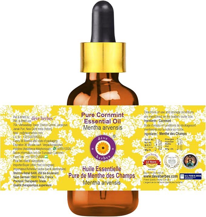Deve Herbes Pure Cornmint Essential Oil (Mentha arvensis) with Glass Dropper Steam Distilled 15ml (0.50 oz)