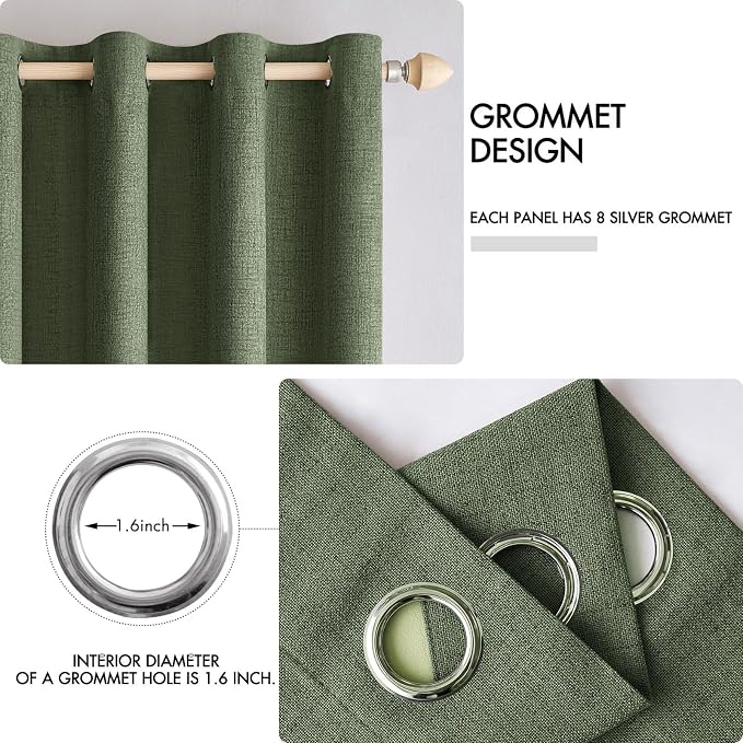 MIULEE 100% Blackout Linen Textured Curtains for Bedroom Solid Thermal Insulated Olive Green Grommet Room Darkening Curtains & Drapes Luxury Decor for Living Room 52 x 96 Inch (2 Panels)