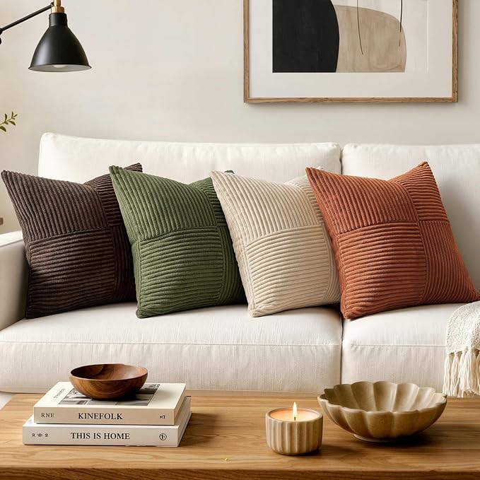 MIULEE Olive Green Decorative Euro Sham Pillow Covers 24x24 Inch for Bed Couch Sofa Spring Decor Pack of 2 Boho Farmhouse Throw Pillows Soft Cross Corduroy Patchwork Textured Cushion Cases
