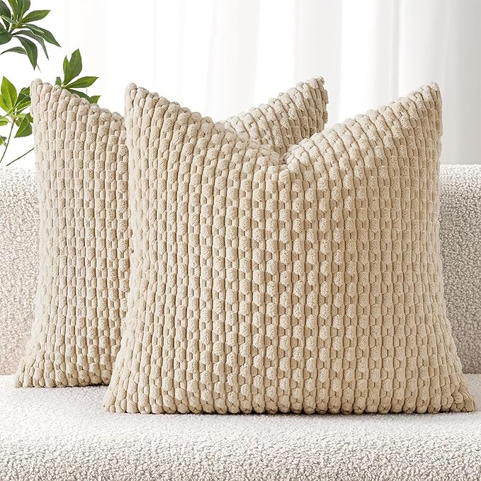 MIULEE Decorative Throw Pillow Covers 18x18 Beige Textured Corduroy | Pack of 2 Striped Pillow Covers Modern Farmhouse Home Decor for Couch Bed Sofa Living Room