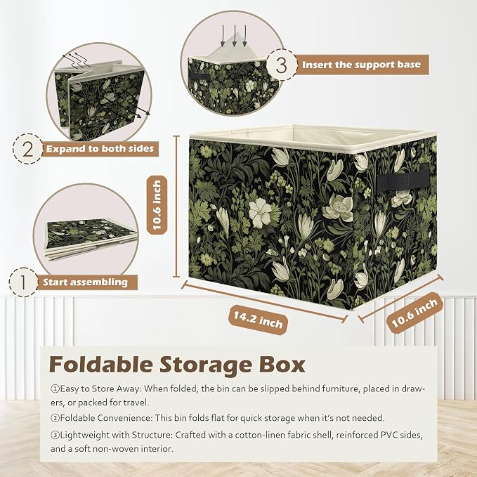 Vintage Floral Botanical Storage Box Bins, Art Nouveau Plant Flower Aesthetic Collapsible Storage Basket Organizer for Bedroom Laundry Room Home Clothes Books, Decor for Room