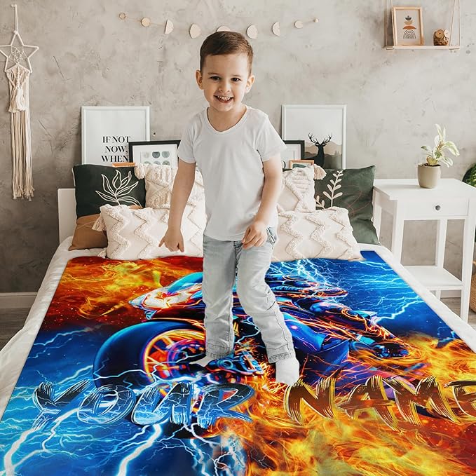 Boys Motorcycle Blanket Gift Personalized Throw Blankets for Kids Teens Motorcycle Lovers - 60x80 Inches Lightweight Soft All Season Custom Throw for Sofa Chair Bed Office Home Decor