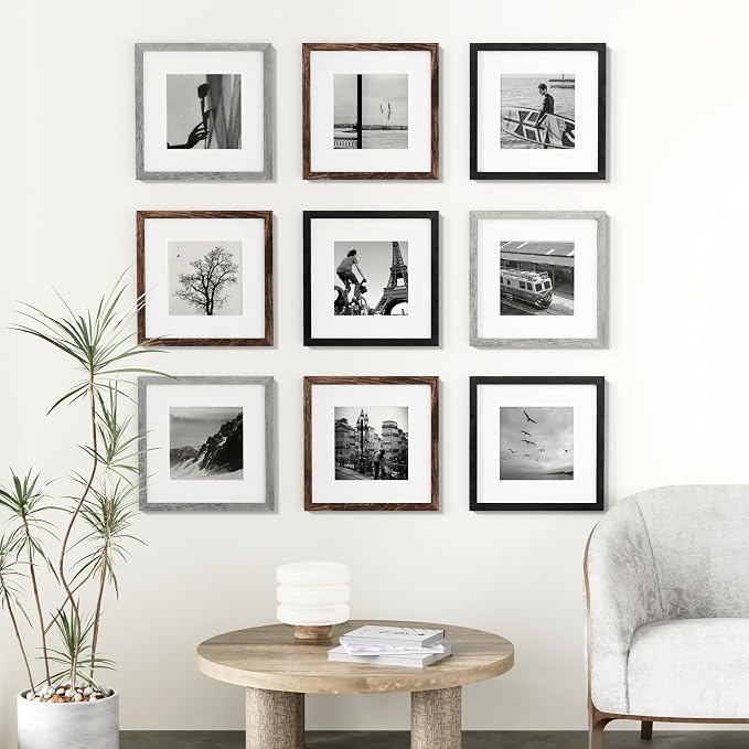 Vittanly 12x12 Picture Frames Set of 9 for Wall Mounting, Black&Brown&Grey | Display Pictures 8x8 with Mat or 12x12 without Mat for Wall Mounting, Square Photo Frames for Home Decor, Engineered Wood