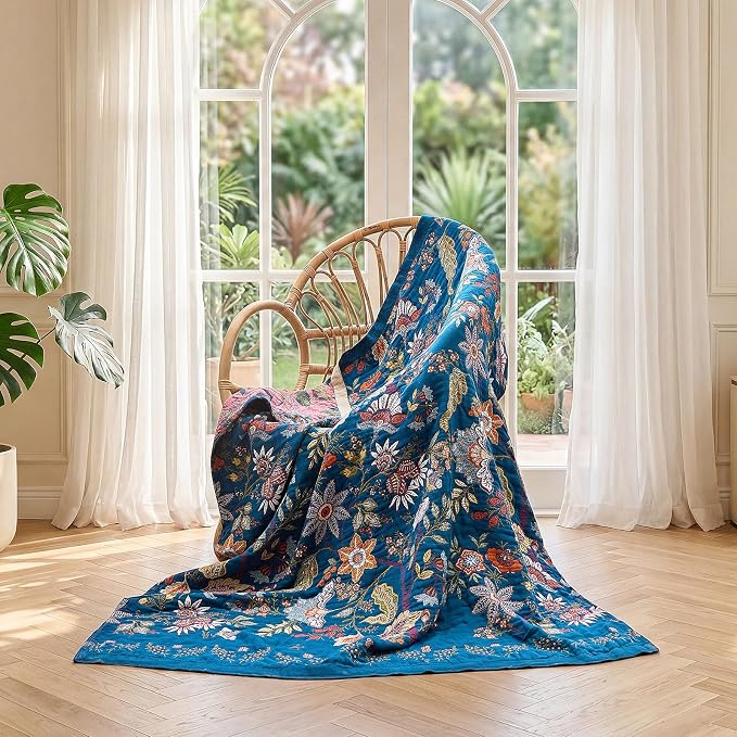 LUTBM Boho Throw Blanket for Couch 50"x60", Cotton Decorative Bed Throw | Blue Reversible Floral Jacquard, All-Season Blankets, For Chair Sofa Living Room Decor, Lightweight Breathable Gauze