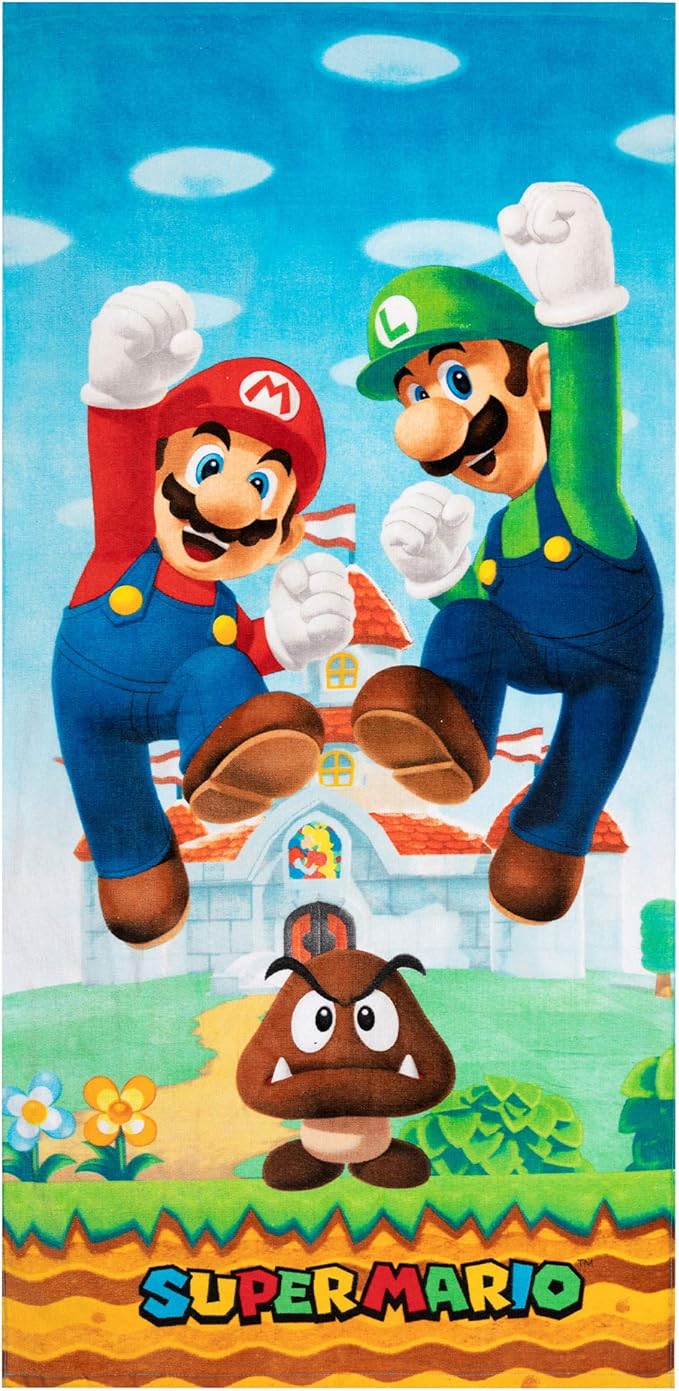 Franco Super Mario Official Nintendo Kids Super Soft Cotton Bath/Pool/Beach Towel,58 in x 28 in,(Pack of 2)