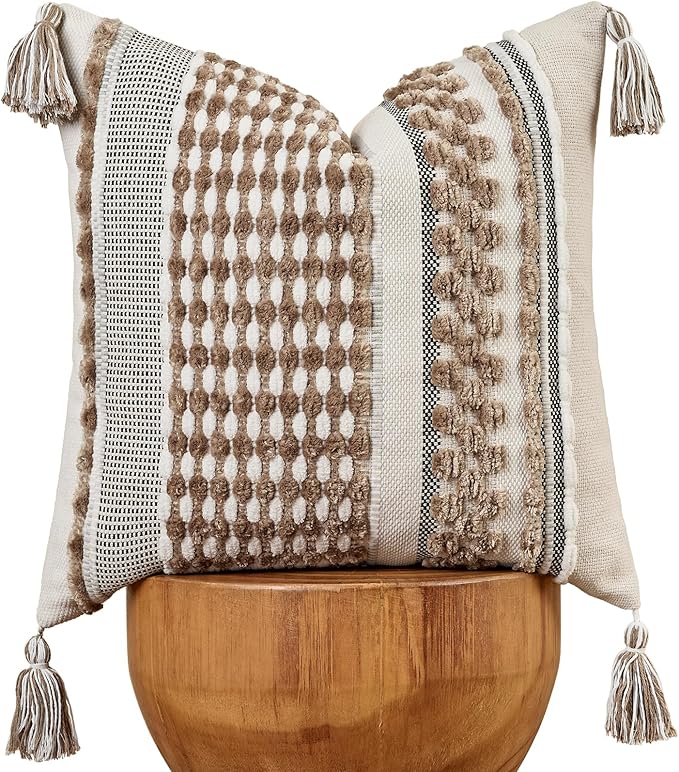 Chenille Striped Textured Boho Throw Pillow Covers Aesthetic with Tassels Woven Decorative Pillow Case for Couch Bed Sofa Bedroom Modern Funky 18 x 18-Inch Taos Taupe
