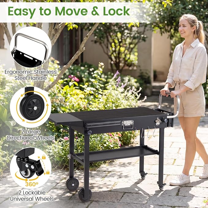 Happygrill Outdoor Grill Cart w/31” x 17” Tabletop for Blackstone Griddle | Foldable Grill Table w/Side Tray, Magnetic Tool Rack, Bottle Opener, Oil Mat, Hooks, BBQ Pizza Oven Table for Camping