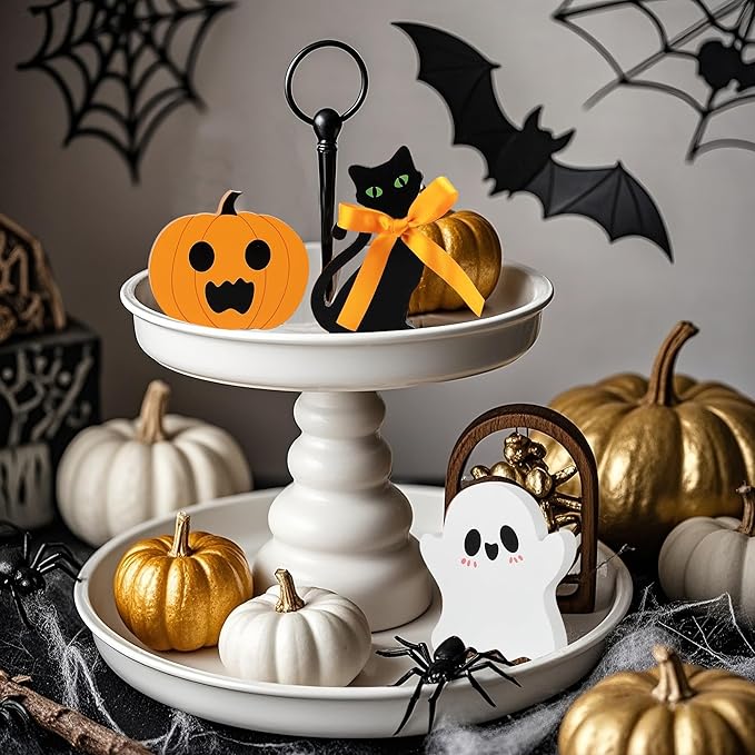Cute Halloween Ghost Decor-Cute Halloween Tiered Tray Decorations Indoor, Ghost Wooden Decor Black Cat Pumpkin Blocks Signs (Set of 3) for Home Shelf Mantel Tabletop Windowsill Party