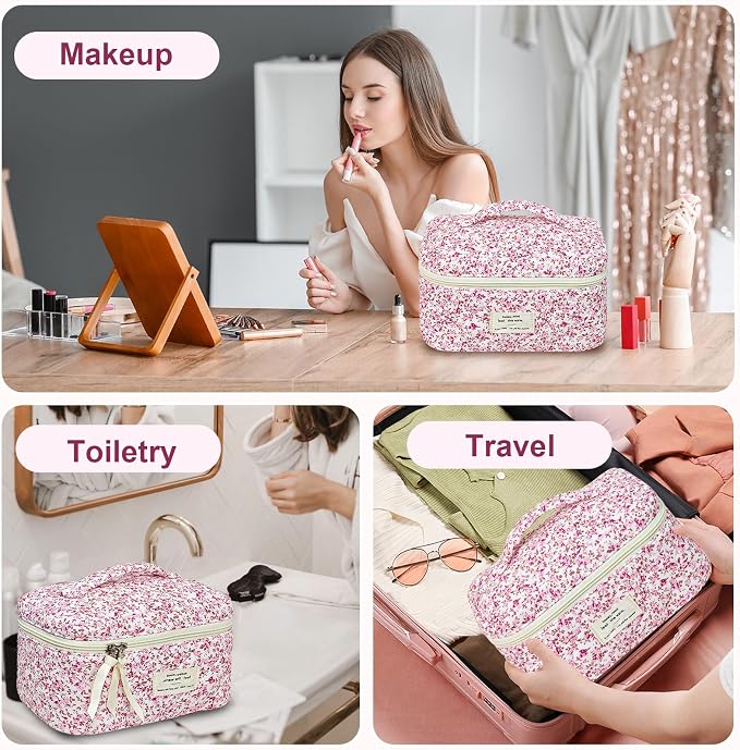 GISMTR 3Pcs Makeup Bag Cotton Quilted Travel Cosmetic Bag Cute Floral Makeup Pouch Large Toiletry Bag for Women Girls
