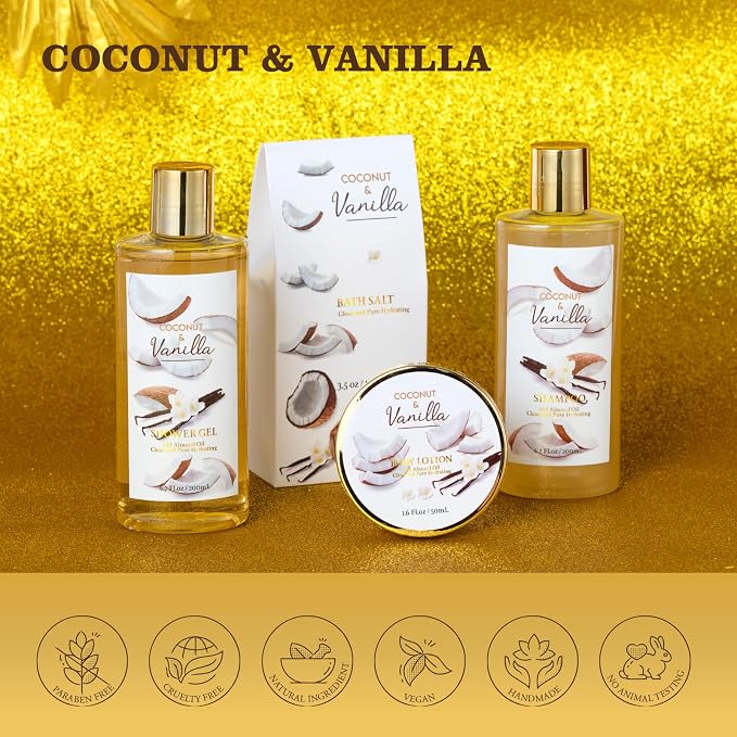 Spa Gifts for Women & Men Coconut Vanilla Bath & Body Self Care Gift Basket | Perfect Gifts Mom, Birthday Gift, All Occasion Holiday Present Spa Gift Basket for Women & Men Pamper Kit- 8-Piece Bath Kit