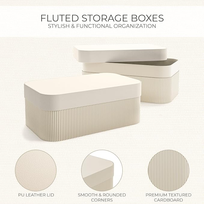 ZICOTO Decorative Storage Boxes with Lids - Set of 2 Beautiful Fluted Photo Organizer Bins for Your Home Bookshelf Decor to Safely Store Your Documents, Memory Box Items and Other Keepsakes in Style