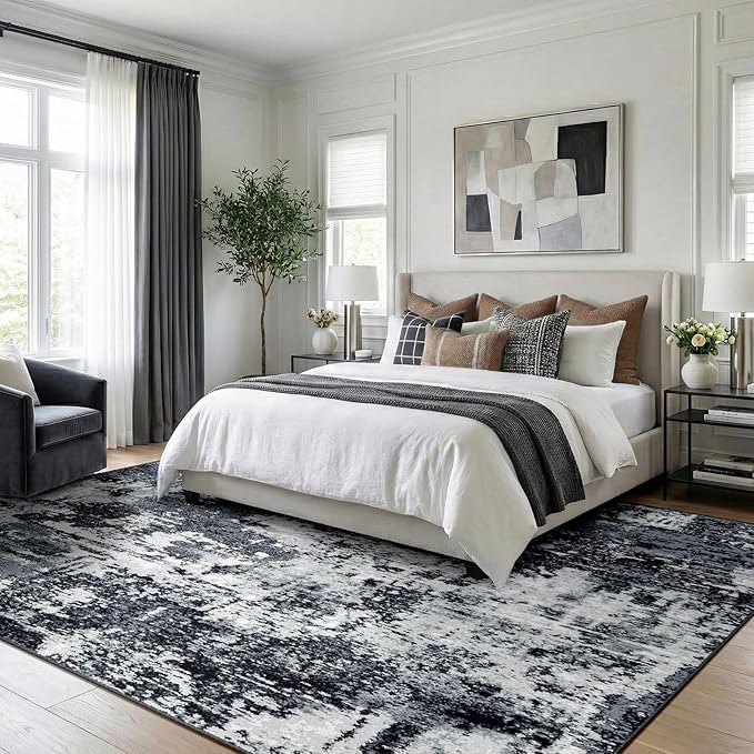 RELEANY Washable 6'x9' Abstract Area Rug for Living Room Black White | carpet for bedroom, kitchen, office, hallway and entryway, printed pattern, non-slip, soft, stain-resistant, easy to clean