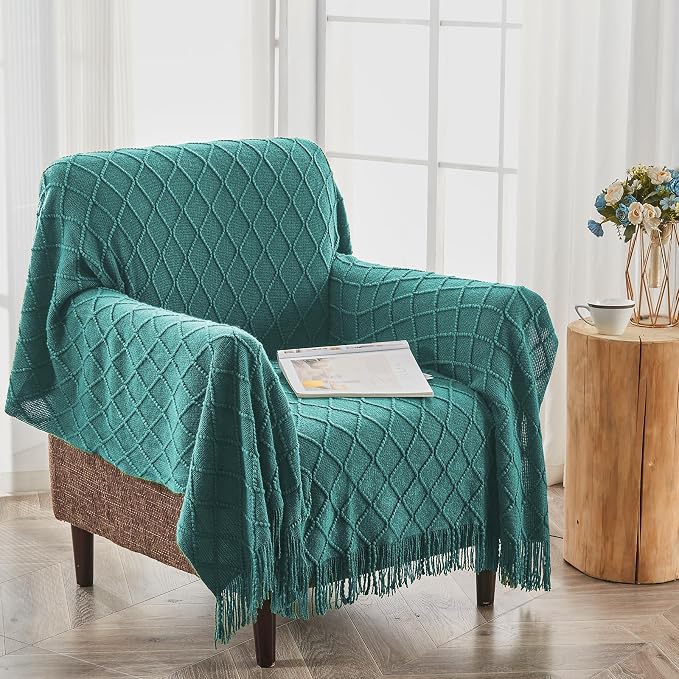 inhand Blue Knitted Throw Blanket for Couch and Bed, 50"x60" | Soft Cozy Knit Blanket with Tassel, Lightweight Decorative Blankets and Throws, Farmhouse Warm Woven for Men and Women
