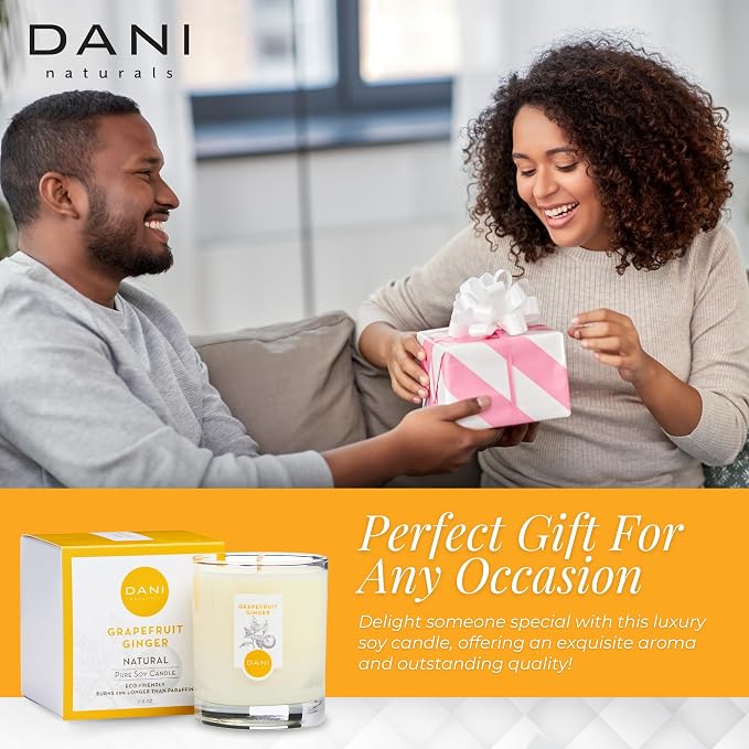 DANI Naturals Grapefruit Ginger 100% Soy Wax Candle, Non-Toxic, 7.5oz | Vegan,soy wax candle,Clean-burning with organic cotton wick,Energizing grapefruit ginger scent,Made in USA