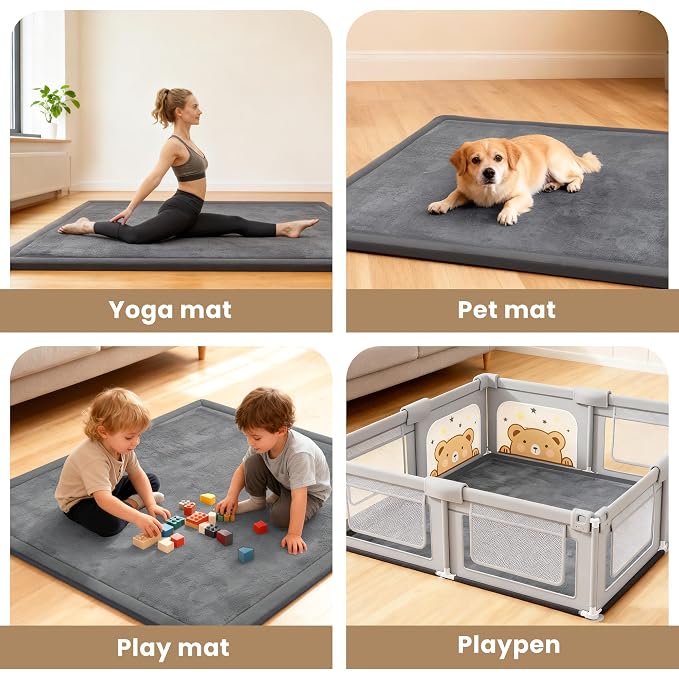 ACOMOPACK Baby Play Mat for Floor 1.3" Thick Memory Foam Play Mat 79"×118" Tummy Time Crawling with Non-Slip Bottom for Living Room,Nursery,Soft Velvet Playpen Mats for Kids,Infants（Dark Grey）