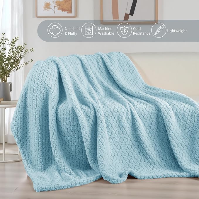 Exclusivo Mezcla Soft Fleece Throw Blanket for Couch, Light Blue | Jacquard Lightweight Cozy Throws for Bed, Sofa, Breathable Decorative Fuzzy Textured All Season Use, 50x60 Inches