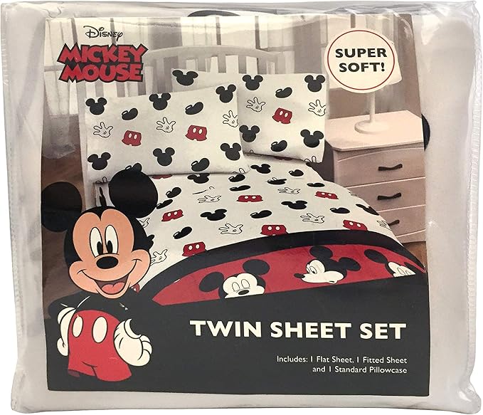 Jay Franco Kids Sheet Set with Fitted, Flat Sheets & Pillow Cover - Ultra-Soft Bedding with Pillowcase for Room Decor, White - Mickey Mouse, 3 Piece Twin