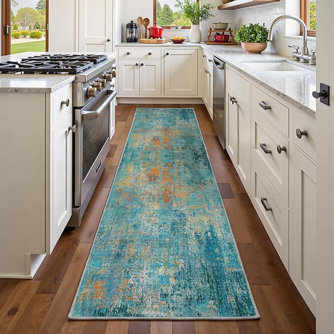 RELEANY Washable Runner 2'x6' Abstract Area Rug for Hallway Teal Multi | carpet for kitchen, entryway, bathroom, living room, bedroom, printed pattern, non-slip, soft, stain-resistant, easy to clean