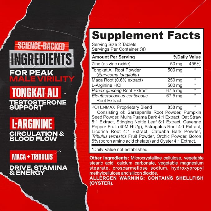 Libido Support for Men - 19-in-1 Vigor Pills for Men Fast Acting with Tongkat Ali, Tribulus, Maca, L-Arginine, Mens Testosterone Booster - Blood Flow, Size & Stamina and Endurance - 60ct