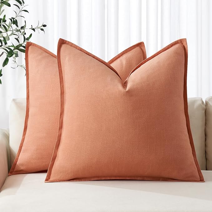 MIULEE Decorative Linen Euro Sham Pillow Covers 22x22 Inch Coral | Boho Farmhouse Neutral Couch Throw Pillows for Bed, Pack of 2 Accent Modern Pillowcases, Sofa Livingroom Home Decor