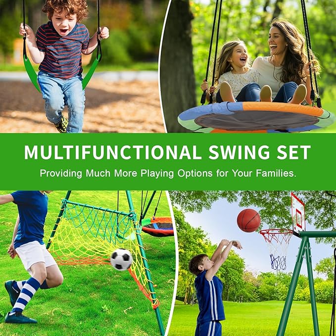CYFIE Swing Set, Outdoor Playset for Kids with Saucer Swing, Belt Swing, Heavy Duty Metal Frame Swing Stand, Basketball Hoop and Soccer Goal, Swing Sets for Backyard, Playground, Park