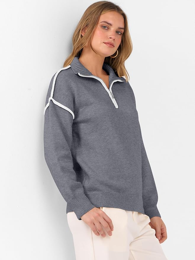ANRABESS Womens Quarter Zip Sweaters Fall Long Sleeve V Neck Shirts Collared Business Casual Tops Knit Pullover Sweatshirts