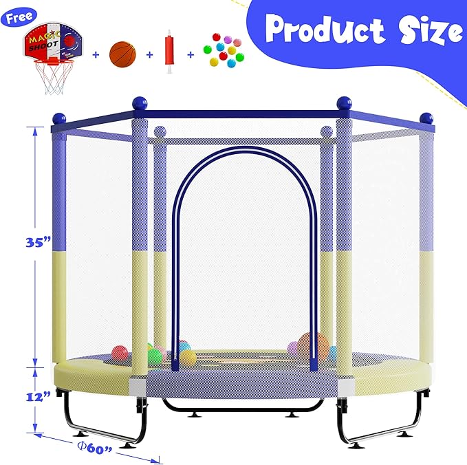 VGMiu 60" Trampoline for Kids, 5 FT Indoor & Outdoor Toddler Baby Trampoline with Basketball Hoop, Safety Enclosure, Birthday Gifts for Kids, Gifts for Boy and Girl, Age 3-8