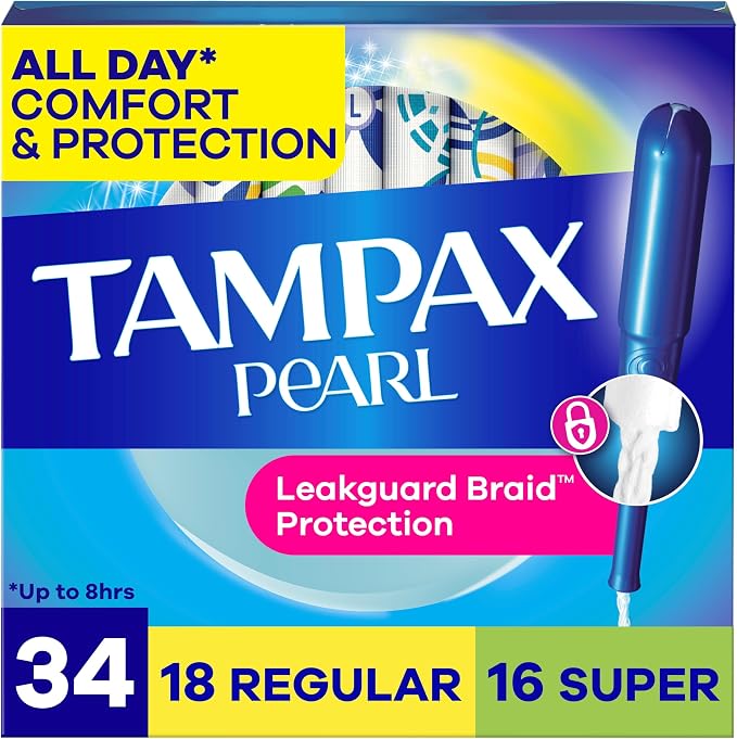 Tampax Pearl Tampons for Women Multipack, with LeakGuard Braid, Regular/Super Absorbency, Unscented, 34 Count