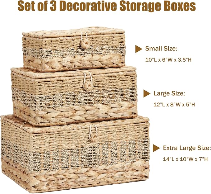 3PCS Wicker Storage Baskets with Lids Decorative Rattan Boxes | Handmade Natural Boho Woven Bins, Water Hyacinth Seagrass Paper Rope, Memory Keepsake Photo Makeup Container, Shelf Organizer