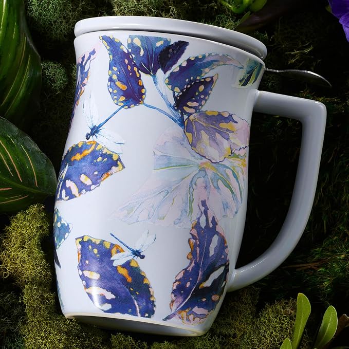 Tea Forte Ceramic Fiore Cup with Handle, Removeable Stainless Steel Infuser Basket and Lid, Steeps 14 oz Loose Leaf Tea, Dishwasher & Microwave Safe, Demoiselle
