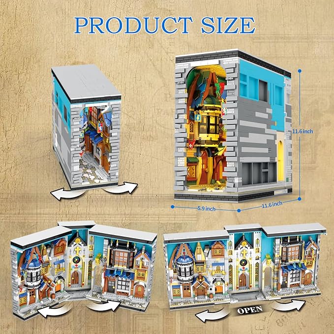 Medieval Architecture Book Nook Building Set with Light, European Century Street View Bookend, DIY Bookshelf Building Block Kit for Home Decor, House Model for Adults Kids Boys Girls Age 8+
