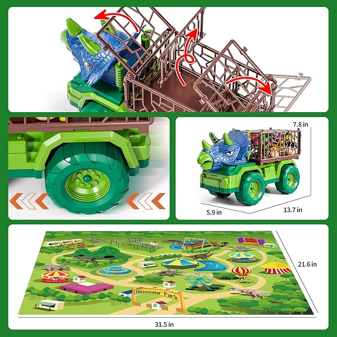 Dinosaur Toys for Kids 3-5, Dinosaur Transport Truck Car Set with 8 Dinosaur Figures & Play Mat, Gift for 2 3 4 5 6 7 Year Old Toddler Boys