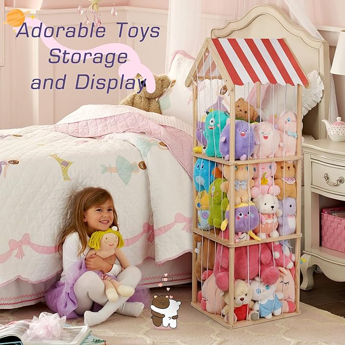 Stuffed Animal Storage, Space Saving Vertical Stuffed Animal Holder Wood, Easy Assembly Cottage-Style Plush Toys Organizer for Kids Bedroom & Playroom (Wood)