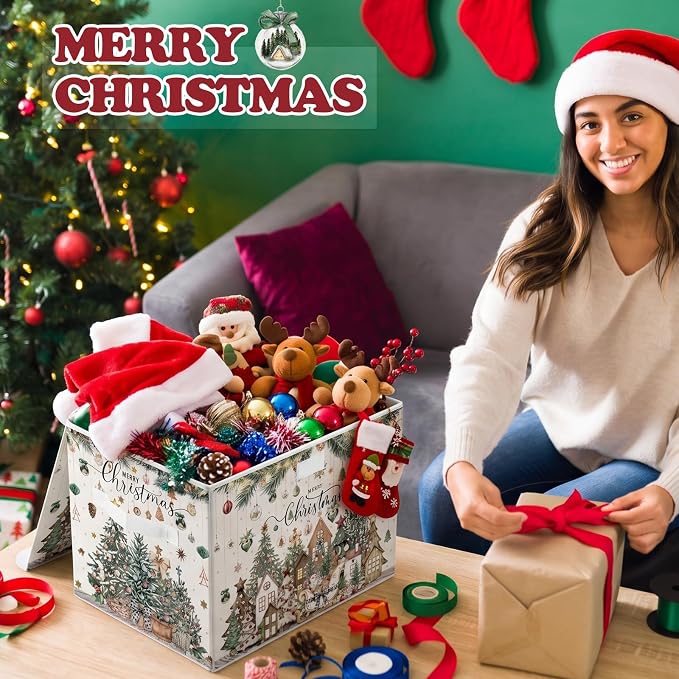 Briwooody Neutral Christmas Storage Bin with Lid and Carrying Handle Christmas Tree Foldable Storage Box Large Xmas Decorative Collapsible Container Basket for Organizing Closet Home Bedroom Gift