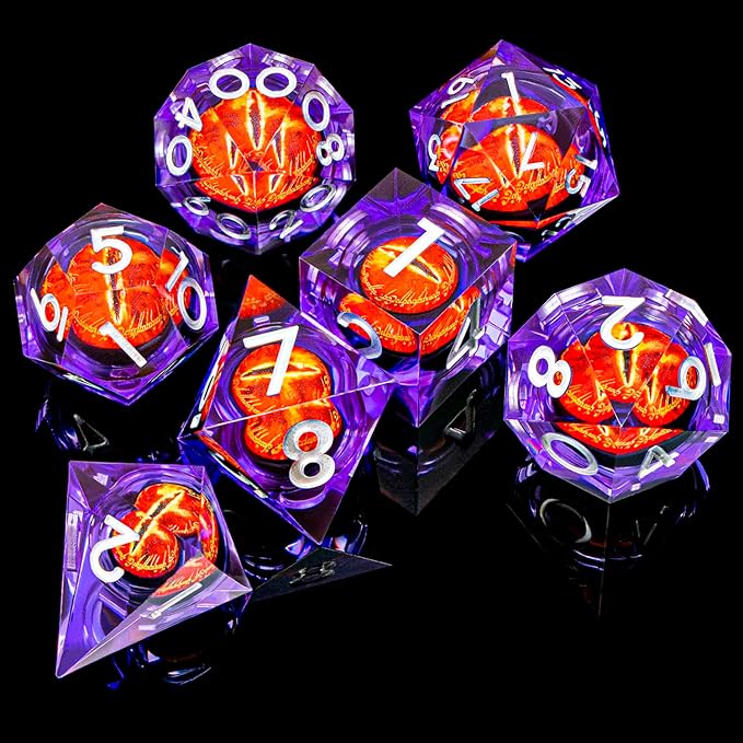 ARUOHHA DND Resin Dice Gazes Eye Dice Silver Purple Liquid Core Flaming RPG Sharp Edged Dice Set with Gift Box, Polyhedral D and D Dice Set Compatible with Dungeons Dragons Role Playing Game D20 D6