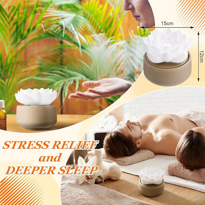 Honeydak 1 Pcs Ceramic Essential Oil Diffuser, Non Electric Reedless Passive Porcelain Flower Aromatherapy Diffuser, Decorative Floral Design Tabletop Office Home Bathroom Decor (Lotus)