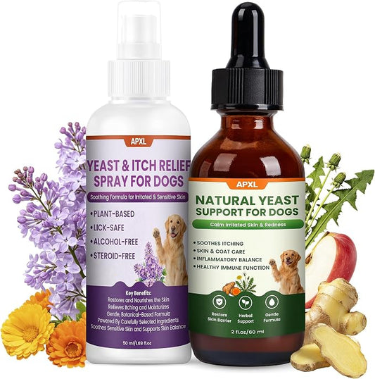 APXL 2-in-1 Dog Yeast Infection Treatment Kit: Soothing Anti-Itch Spray + Yeast Infection Drops, Yeast Infection Treatment for Dogs, Plant Herbal Itch Relief for Yeast Issues-1.69oz Spray&2.03oz Drops