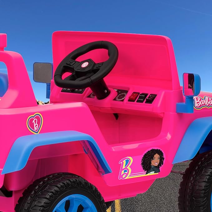 Barbie - 12V Kids Ride-On Jeep with Rechargeable Battery, LED Headlights, Press-Button Start, Durable Wheels, Forward & Reverse Drive, Contoured Seat