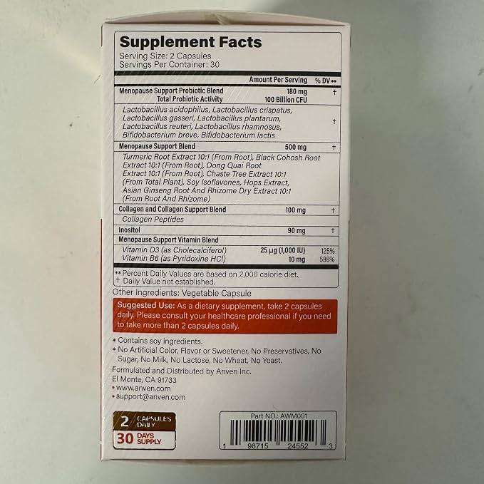 Menopause Relief Supplements for Women 100 Billion CFU, 120 | Vitamin D3 & B6, 100B Probiotics, Hot Flashes, pH Blance & Night Sweats Relief, Black Cohosh, Herbs, Collagen