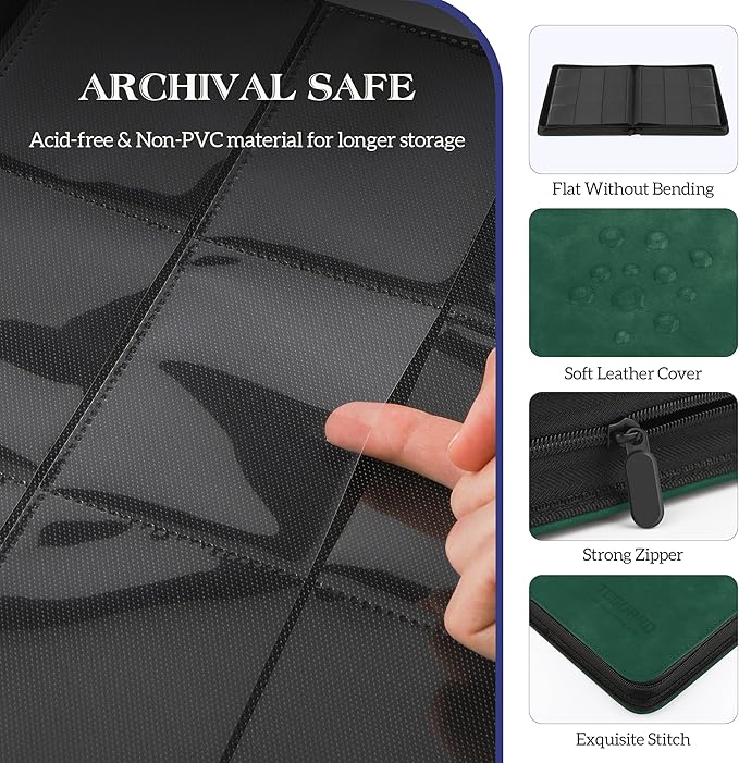 Trading Card Binder, 9 Side Loading Pocket Card Album Hold Up to 540, Zipper Binder for Collection, TCG Holder for Sports, Yugioh, MTG etc. (Dark Green 9)