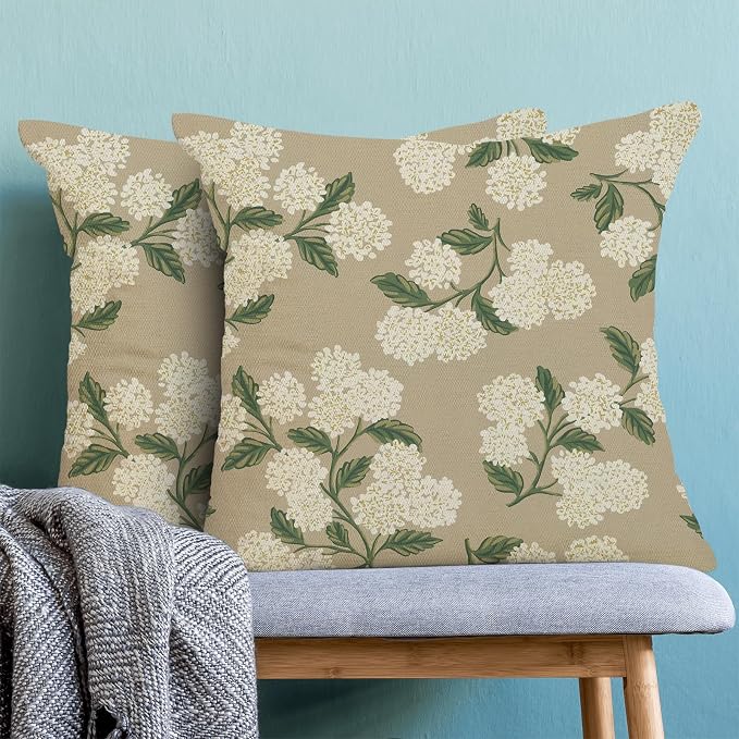 AEIOAE Spring Pillow Covers 20x20 Inch Set of 2, Beige Green Hydrangea Flower Throw Pillows Case,Floral Summer Outdoor Seasonal Decorative Farmhouse Decor Cushion Covers for Home Sofa Bed Couch