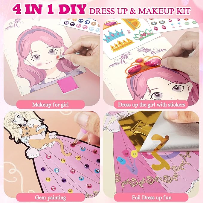 Tudaymol 4-in-1 Art & Craft Activity – DIY Dress Up Stickers, Makeup Kit, Foil & Gems Art, Creative Princess Fun, Costume Ideas & Accessories, Travel Toy, Gifts for Girls Ages 4-8-12
