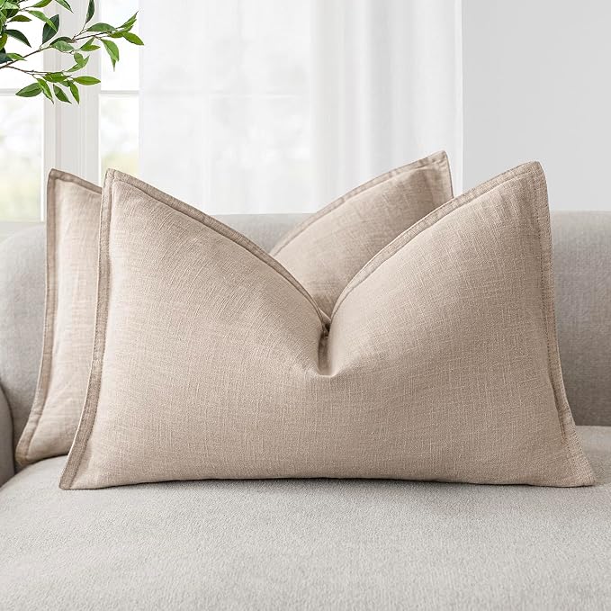 Foindtower Pack of 2, Decorative Linen Solid Throw Pillow Covers Accent Lumbar Cushion Case Boho Farmhouse Pillowcase for Chair Couch Sofa Bedroom Living Room Home Decor 12 x 20 Inch Tan Beige