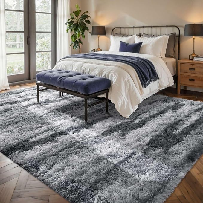 5x7 Ft Large Shag Rug for Living Room Bedroom,Tie-Dyed Ultra Soft Fluffy Furry Area Rug, Aesthetic Grey Carpet for Indoor Floor Home Decor